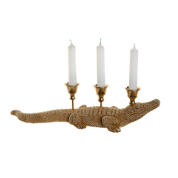 Goldener Kerzenleuchter in Krokodilform mit drei Kerzenhaltern. Deko-Figur für ein stimmungsvolles Zuhause.