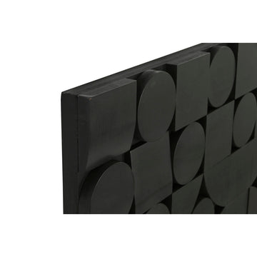 Moderne, abstrakte Wanddekoration in Schwarz mit geometrischem Muster aus Kreisen und Quadraten.