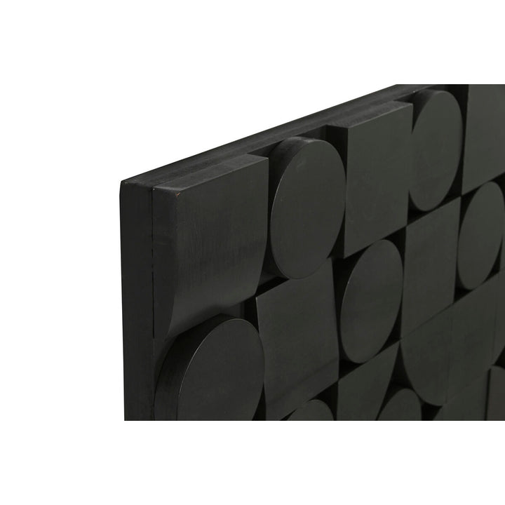 Moderne, abstrakte Wanddekoration in Schwarz mit geometrischem Muster aus Kreisen und Quadraten.