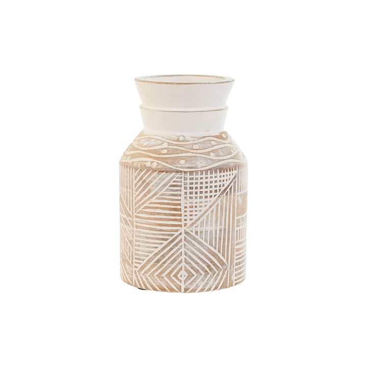 Weiße Esprit Vase aus Mango-Holz mit geometrischem Muster im Kolonialstil.