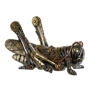 Graue Deko-Figur Heuschrecke im Steampunk-Stil. Bunte mechanische Details und Zahnräder.