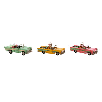 Deko-Figur Auto: Miniatur-Autos in Grün, Gelb und Rosa mit Blumenkorb.