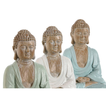 Deko-Figur Set mit drei Buddha Statuen in Weiß, Grün und Türkis im orientalischen Stil.