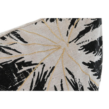Detailansicht: Schwarzes Boho-Kissen mit Palmenmuster und goldenen Akzenten.
