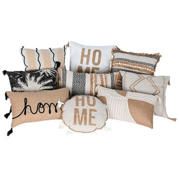 Boho Kissen Kollektion: Palme, Streifen, HOME Design. Dekorative Kissen mit Quasten.