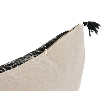 Nahaufnahme: Schwarzes Boho-Kissen mit Palmenmuster und Quaste.