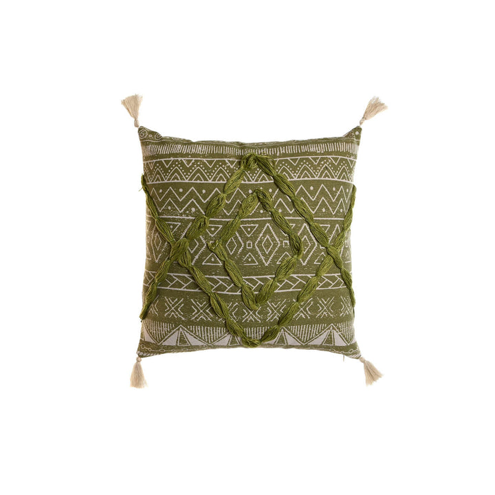 Grünes Esprit Kissen im Boho-Stil mit geometrischem Muster und Quasten.