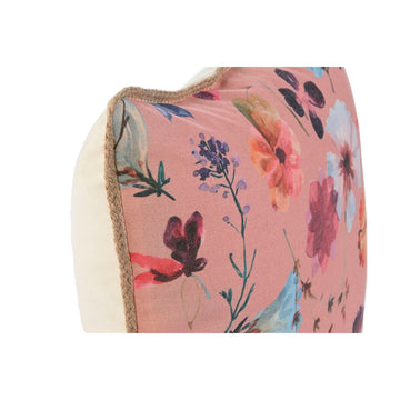 Nahaufnahme: Romantisches Kissen mit Blumenmuster und Zierborte.