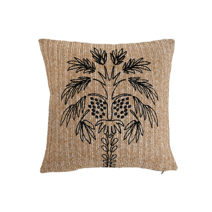 Naturfarbenes Home Kissen mit schwarzem Palmenmuster, 42x42 cm.