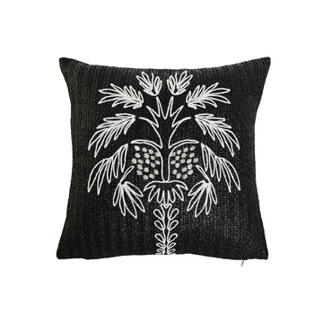 Schwarzes Kissen mit weißer Palme. Home Deko Kissen mit Stickerei.