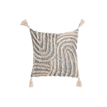 Weiß-graues Kissen mit Quasten im Boho-Stil. Dekokissen mit Streifenmuster.