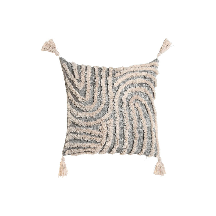Weiß-graues Kissen mit Quasten im Boho-Stil. Dekokissen mit Streifenmuster.
