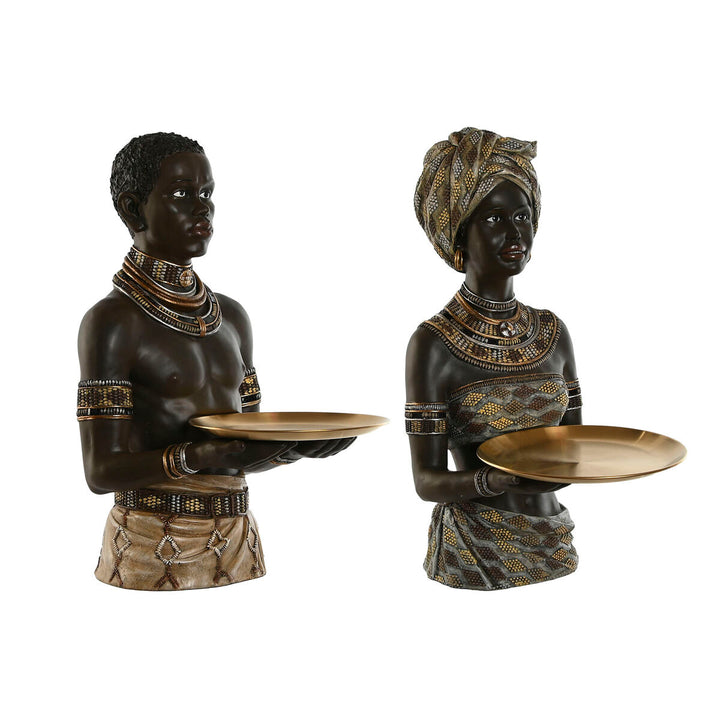 Deko-Figur Home ESPRIT Set: Afrikanisch inspirierte Figuren mit goldenen Tabletts. Elegante Dekoration.