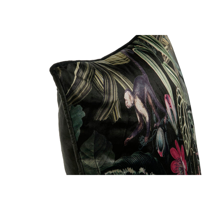 Schwarzes Kissen mit Dschungel Druck, Affe, Blätter und Blumen.