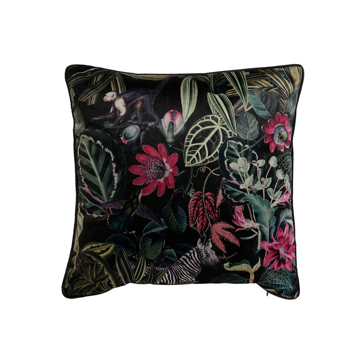 Gedrucktes Esprit Home Kissen mit Dschungel-Motiv: Blumen, Blätter, Affe und Zebra auf dunklem Grund.