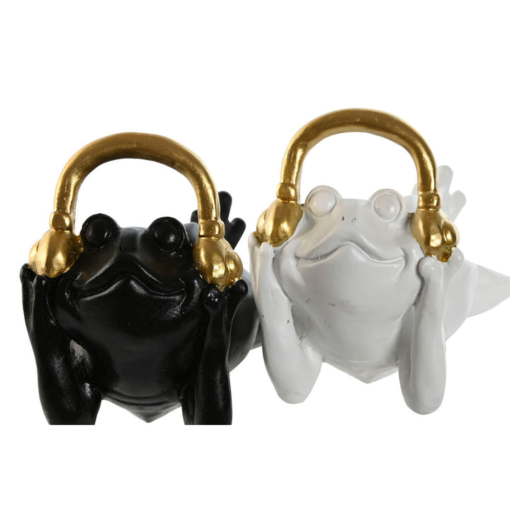 Deko-Frösche: Schwarze und weiße Home Figuren mit goldenen Kopfhörern, 2er-Set.