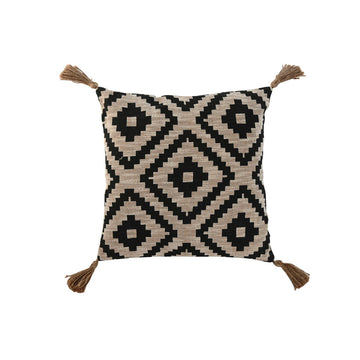 Dekoratives Kissen im Boho-Stil mit geometrischem Muster und Quasten an den Ecken.