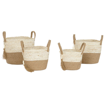 Korb-Set aus Jute, hellbraun, mit Griffen und Quasten. Moderne Aufbewahrungskörbe.