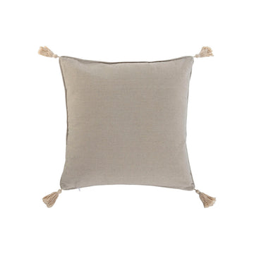 Natürliches Kissen im Boho-Stil mit Quasten an den Ecken. Dekoratives Home Accessoire.