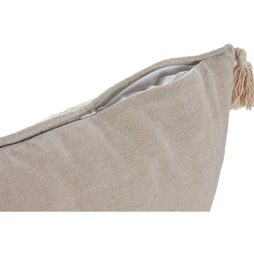 Nahaufnahme Kissen im natürlichen Boho-Stil mit Reißverschluss und Quaste.