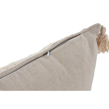 Beige Kissen im Boho-Stil mit Quaste und Reißverschluss-Detail.