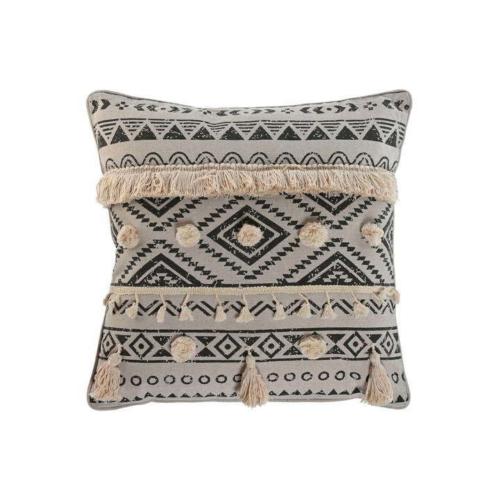 Weiß-schwarzes Boho Kissen mit geometrischem Muster, Quasten und Bommeln.