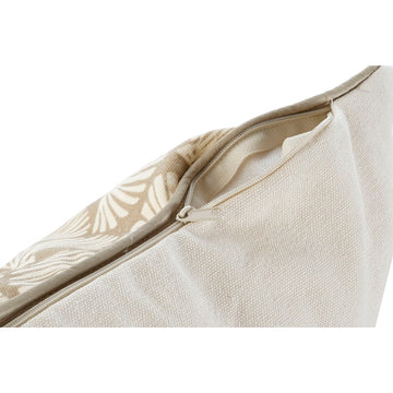 Nahaufnahme: Beige Kissen mit Reißverschluss und mediterranem Blattmuster.