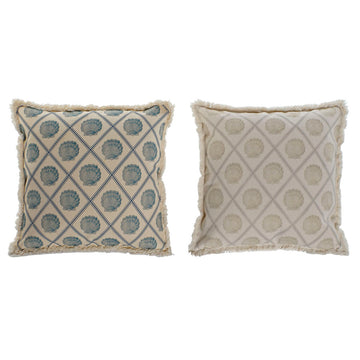 Zwei ESPRIT Kissen, blau und beige, Muschelmuster und Fransen, 45x45 cm.