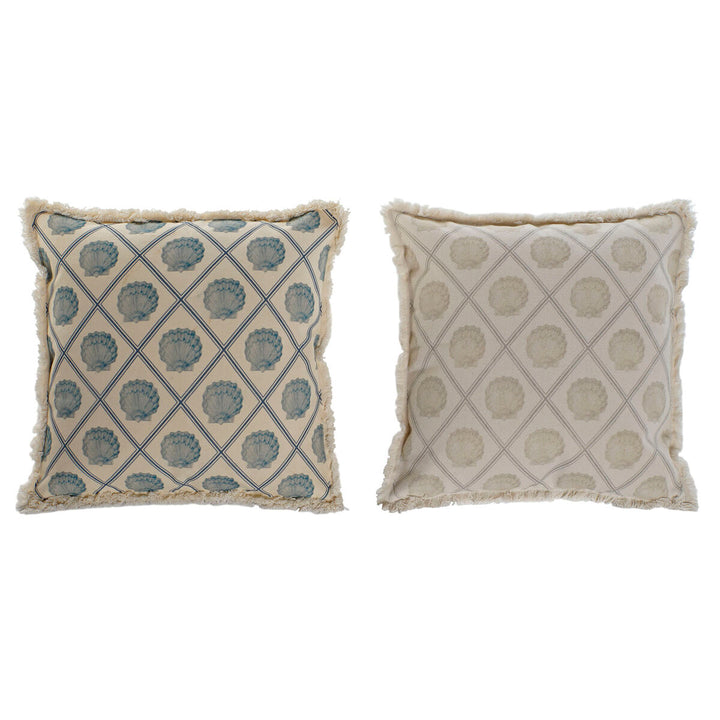 Zwei ESPRIT Kissen, blau und beige, Muschelmuster und Fransen, 45x45 cm.