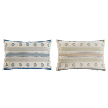 Zwei ESPRIT Home Kissen, blau und beige, mit Streifen, Muscheln und Fransen.