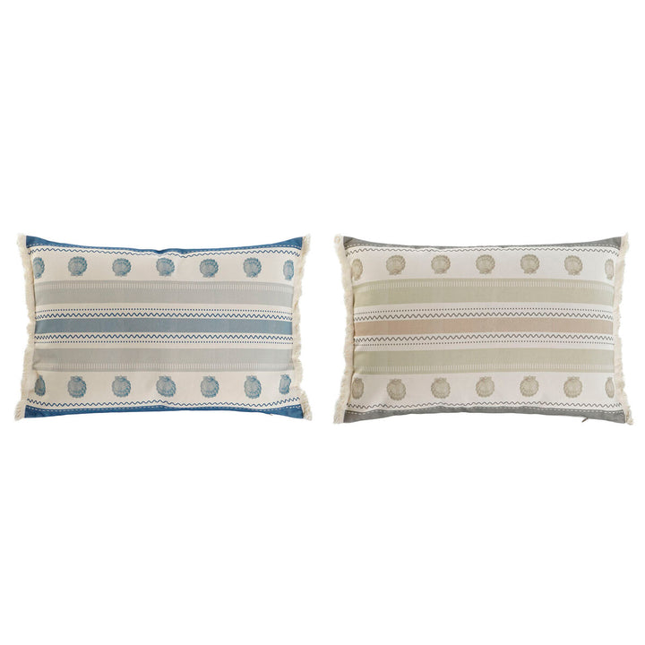 Zwei ESPRIT Home Kissen, blau und beige, mit Streifen, Muscheln und Fransen.
