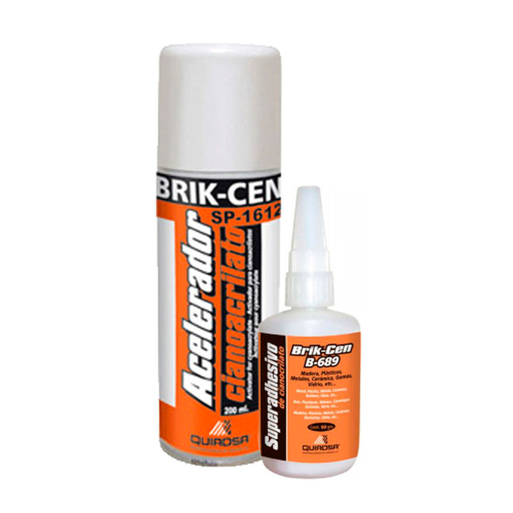 Quiadsa Sekundenkleber mit Beschleuniger. Flasche mit Präzisionsspitze und Dose mit Etikett.