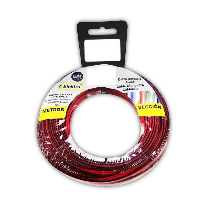 Rotes/Schwarzes Audiokabel 28041 von EDM, aufgerollt in transparenter Verpackung.