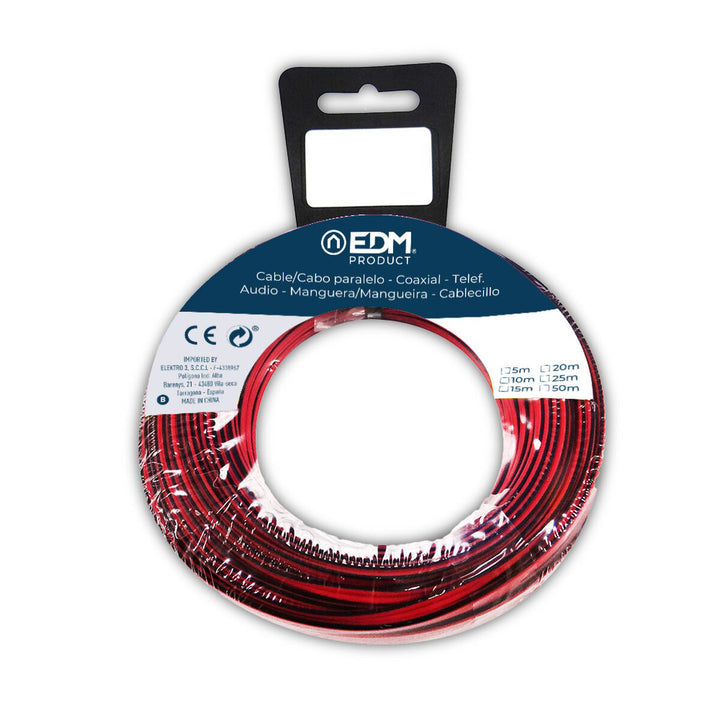 EDM Audiokabel, 15 m, schwarz und rot. Kabel aufgerollt in durchsichtiger Verpackung sichtbar.