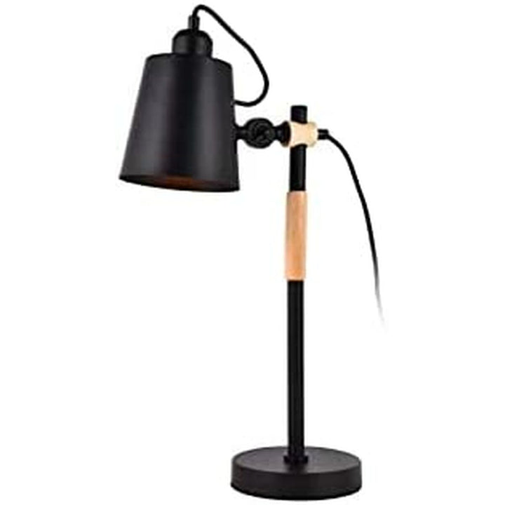 Schwarze Flexo-/Tischleuchte aus Metall und Holz. Die Tischleuchte ist 54 cm hoch.