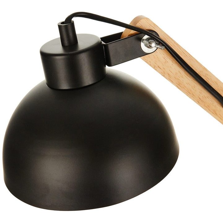 Schwarze Metall Tischleuchte mit Holz Akzenten. Moderne Flexo Leuchte.