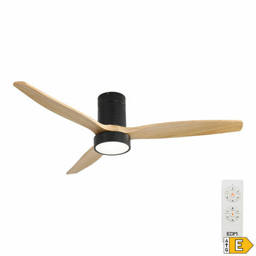Moderner Deckenventilator mit Lampe und Holzflügel. Inklusive Fernbedienung zur Steuerung von Licht und Lüfter.