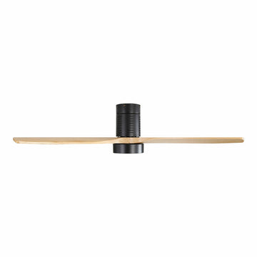 EDM Deckenventilator mit Lampe hat helle Holzflügel und einen schwarzen Lampenkörper.