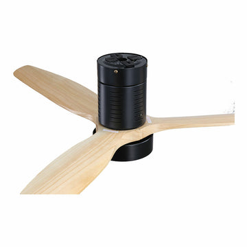 Deckenventilator mit Lampe, helle Holzflügel, schwarzes Gehäuse. 30W Kara Ventilator.