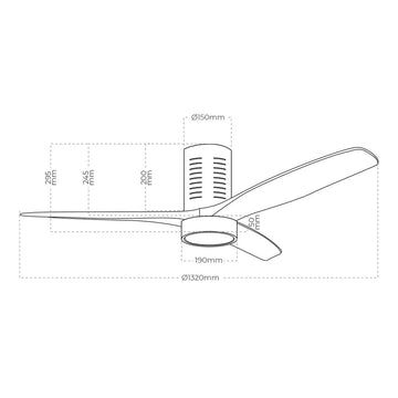Technische Zeichnung des Deckenventilator Kara mit Lampe, Abmessungen der Flügel und der Lampe.