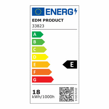 Energieeffizienzlabel des Deckenventilators mit Lampe, Kennzeichnung E und QR-Code.