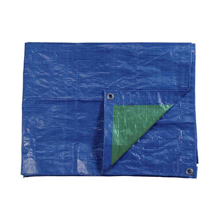 Blaue Schutzplane (6x10 m) mit Ösen, 90 g/m² Material sichtbar.