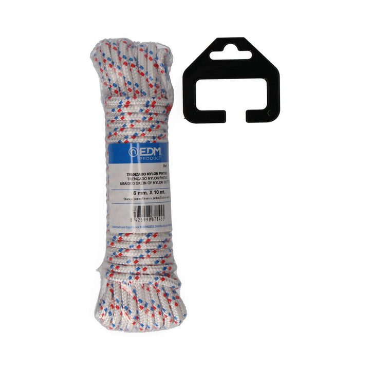 Dreifarbige Nylon Schnur, geflochten, 10 m. Weißes Seil mit roten und blauen Akzenten.