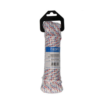 Geflochtener, dreifarbiger Nylon Strang. Weiß mit roten und blauen Akzenten. 6 mm x 10 m.