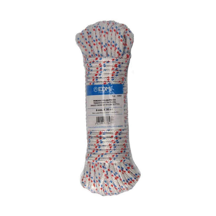 Dreifarbige Nylon Seil. Geflochtener Strang mit roten und blauen Punkten.