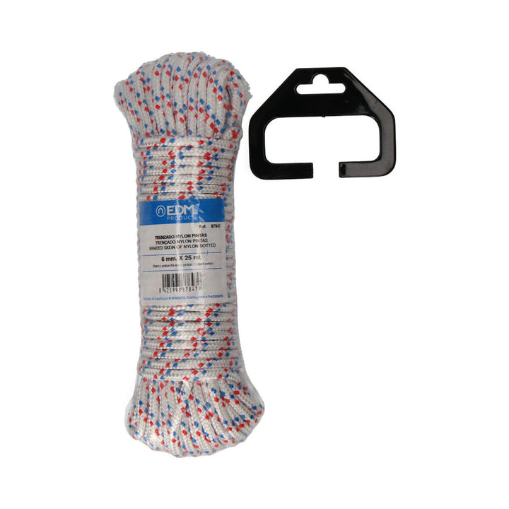 Dreifarbige Nylon Seilrolle, 25 m lang. Geflochtener Strang mit blauen und roten Akzenten.