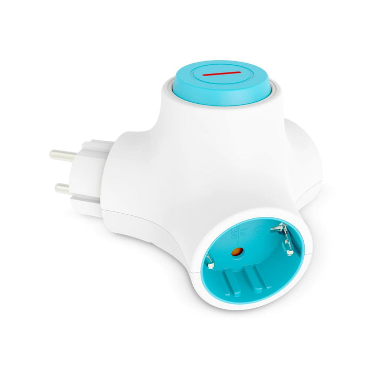 Weißer KSIX MOLECULE Netzstecker mit zwei blauen Steckdosen für mehrfache Stromversorgung.