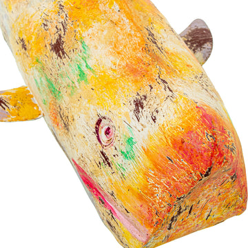 Gelbe Deko-Figur Wal aus Eisen, kunstvolles Finish mit Farbakzenten für Wohnambiente.