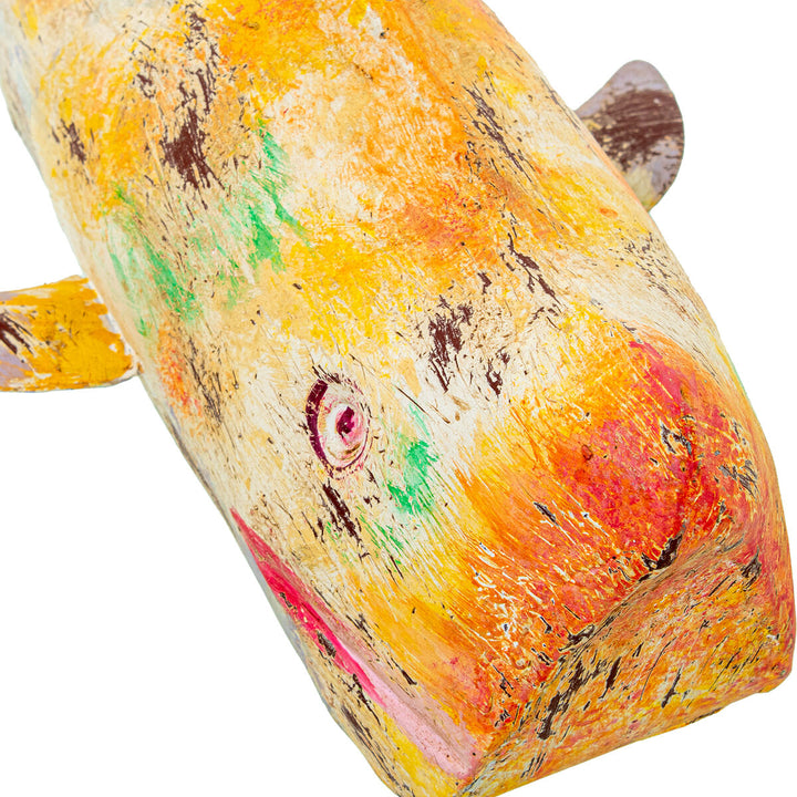 Gelbe Deko-Figur Wal aus Eisen, kunstvolles Finish mit Farbakzenten für Wohnambiente.