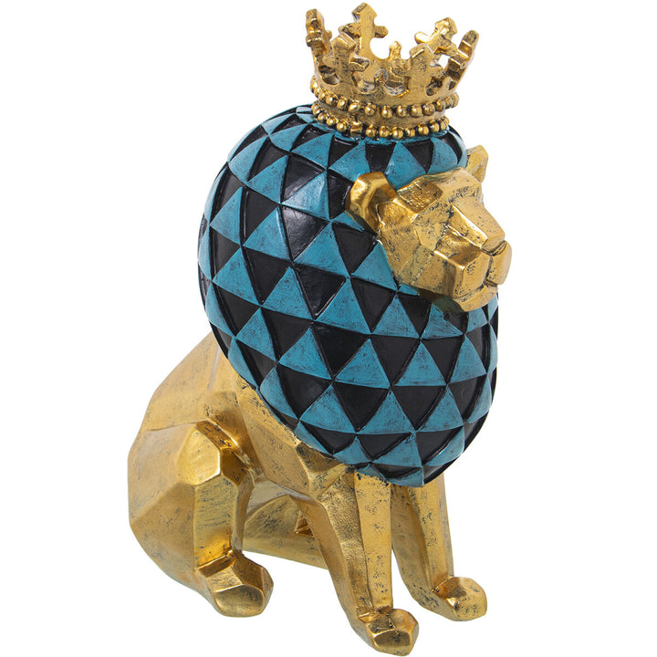 Goldene Deko-Figur Löwe mit Krone und blau-schwarzer Mähne. Kunstharz Löwe.